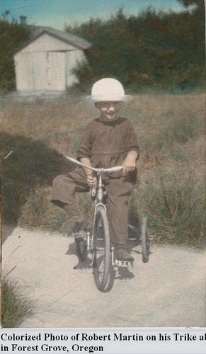 Colorized Photo of Robert Martin on his Trike about 1924<br />in Forest Grove, Oregon