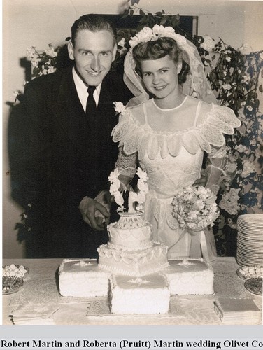 Robert Martin and Roberta (Pruitt) Martin wedding Olivet Congregational church Married by Rev R.W. Pruitt August, 1945