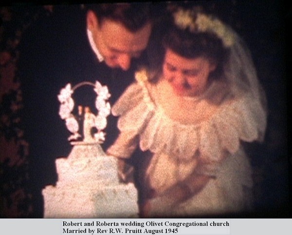 Robert and Roberta wedding Olivet Congregational church<br />Married by Rev R.W. Pruitt August 1945