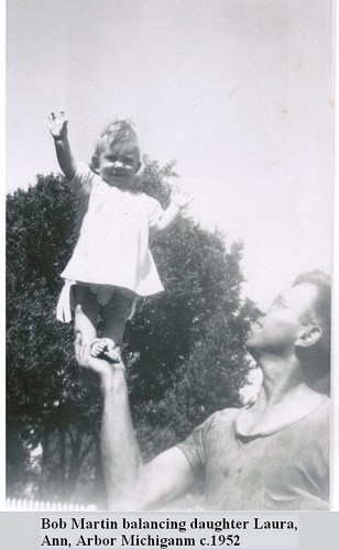 Bob Martin balancing daughter Laura,<br /> Ann, Arbor Michiganm c.1952