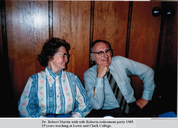 Dr. Robert Martin with wife Roberta retirement party 1985.  <br />25 years teaching at Lewis and Clark College.