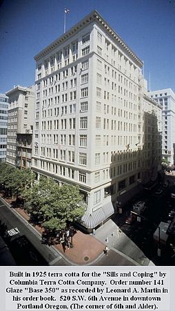 Built in 1925 terra cotta for the "Sills and Coping" by\n Columbia Terra Cotta Company.  Order number 141 \nGlaze "Base 350" as recorded by Leonard A. Martin in \nhis order book.  520 S.W. 6th Avenue in downtown \nPortland Oregon, (The corner of 6th and Alder).