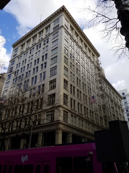 Photos taken in 2018.  Built in 1925 terra cotta for the "Sills and Coping" by  Columbia Terra Cotta Company.  Order number 141 Glaze "Base 350" as recorded by Leonard A. Martin in his order book.  520 S.W. 6th Avenue in downtown \nPortland Oregon, (The corner of 6th and Alder).