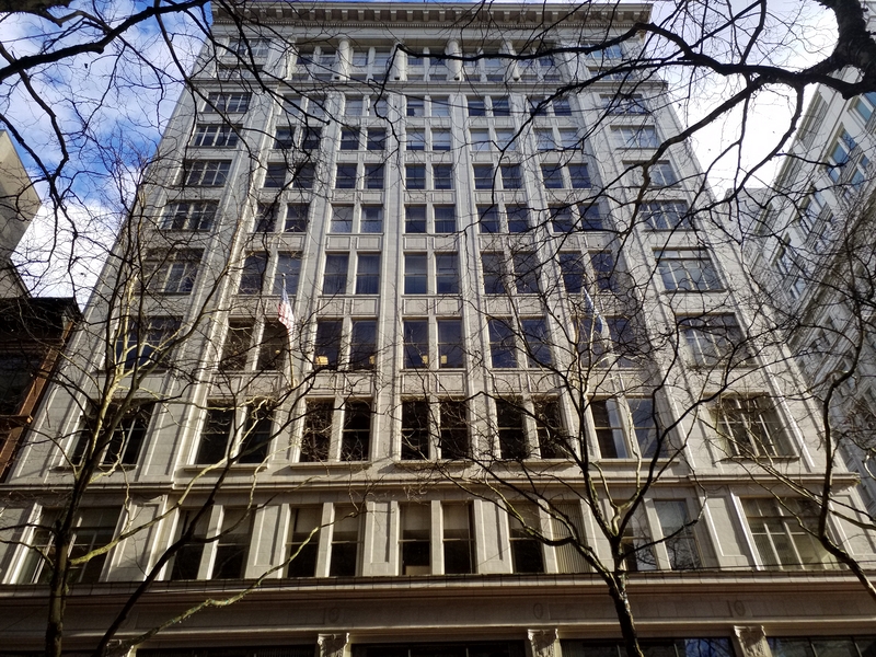 Photos taken in 2018.  Built in 1925 terra cotta for the "Sills and Coping" by  Columbia Terra Cotta Company.  Order number 141 Glaze "Base 350" as recorded by Leonard A. Martin in his order book.  520 S.W. 6th Avenue in downtown \nPortland Oregon, (The corner of 6th and Alder).