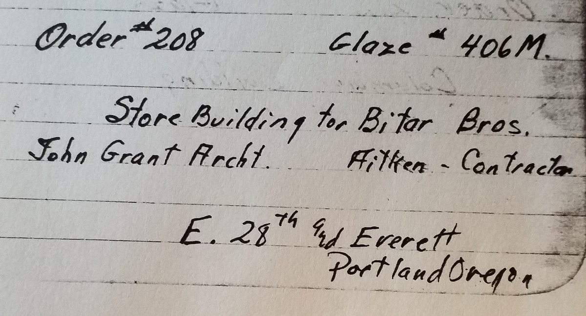 Photo Taken March 3rd, 2018.  This was a Grocery and Meat store owned by the Bitar Bros at 28th and Everett street in N.E. Portland.  In Leonard Martins Order Book for Columbia Terra Cotta Company this is order# 208 Glaze# 406M Store for Bitar Bros..  1928.  John Grant Archt. Ailken- Contractor.  John Grant also was the Architect for the Eglington Hotel that was also adorned with Columbia Terra Cotta.