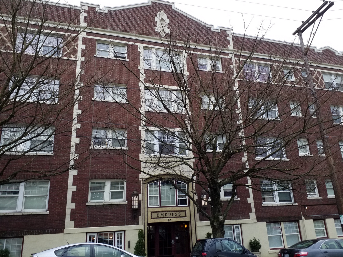 Photo taken Feb. 2018. West side view of the Empress Apartments Hotel.  Built in 1926 at 16th and Washington.  Current Address in 2017 is 1539-1541 W Burnside. Order #165 Glaze #22M in Leonard Martins order book for Columbia Terra Cotta Co.  The name of the hotel was for a period of time "Marquette Manor"