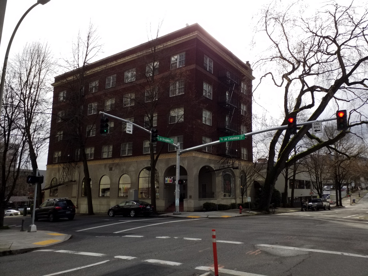 Photo taken Feb. 2018, from the North West. The Regency Hotel, at Broadway and Columbia, (1410 S.W. Broadway),  built in 1927.  Architecht: E. J. Pape.  Order #178 Glaze #223 and #402 in Leonard Martins order book for Columbia Terra Cotta Co.  The name of the hotel was for a period of time "St. Andrews Hotel"