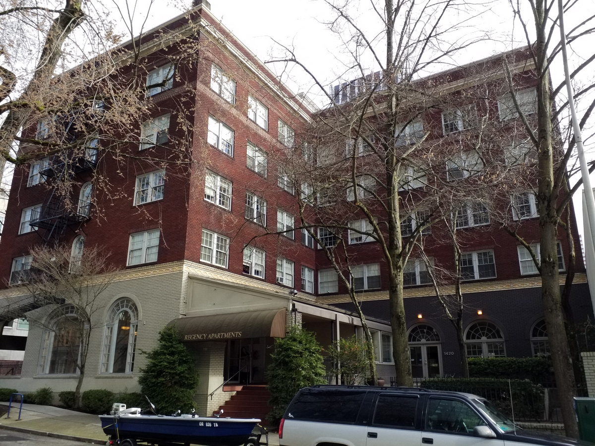 Photo taken Feb. 2018, SW main Entrance. The Regency Hotel, at Broadway and Columbia, (1410 S.W. Broadway),  built in 1927.  Architecht: E. J. Pape.  Order #178 Glaze #223 and #402 in Leonard Martins order book for Columbia Terra Cotta Co.  The name of the hotel was for a period of time "St. Andrews Hotel"