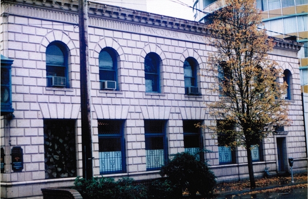 Vancouver National Bank.  Originally built in 1906 of molded stone construction, then in 1926 it was Clad in Terra Cotta, the faade was covered with the current terra cotta design. The terra cotta was made in Vancouver by the Columbia Terra Cotta Company.  Order Number 166, Glaze "406M" as recorded by Leonard A. Martin in his order book.  Photo taken 1998.