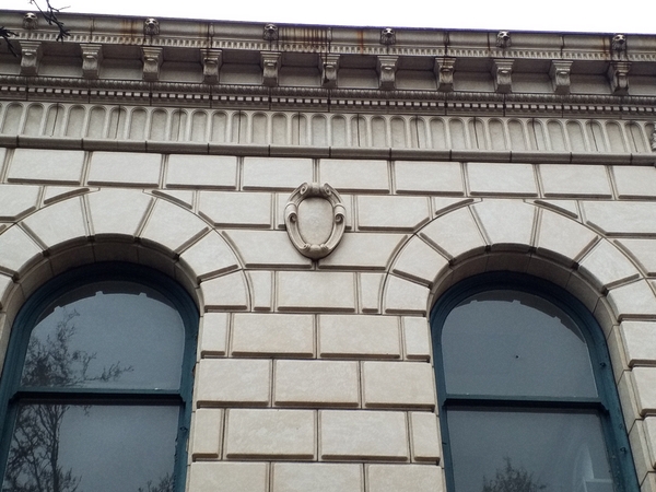 Vancouver National Bank.  Originally built in 1906 of molded stone construction, then in 1926 it was Clad in Terra Cotta, the faade was covered with the current terra cotta design. The terra cotta was made in Vancouver by the Columbia Terra Cotta Company.  Order Number 166, Glaze "406M" as recorded by Leonard A. Martin in his order book.  Photo taken Feb 2018.