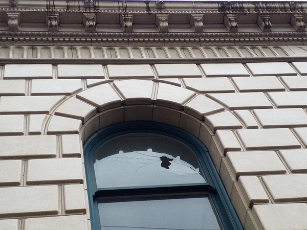 Vancouver National Bank. 518 Main St. Originally of molded stone construction in 1906, then in 1926, the faade was covered with the current terra cotta design. The terra cotta was made in Vancouver by the Columbia Terra Cotta Company.  Order Number 166, Glaze "406M" as recorded by Leonard A. Martin in his order book. Photo taken Feb 2018.